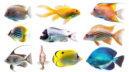 Different beautiful fishs set collection. Isolated on white background . Generative AI