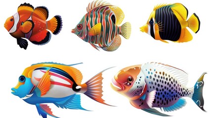 Fototapeta premium Different beautiful fishs set collection. Isolated on white background . Generative AI