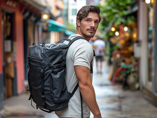 Young male tourist walking along a city street with a backpack.