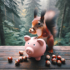 An adorable squirrel stashing away acorns into a pink piggy bank among forest surroundings