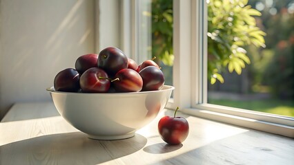 Generative ai. a bowl of ripe plums on a sunny windowsill - Powered by Adobe
