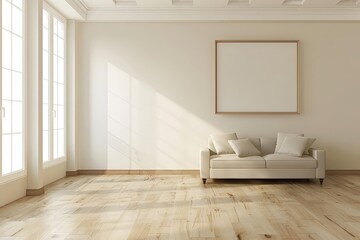 modern living room with white sofa, empty picture frame at the wall