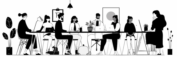 illustrated group of people working at the table in open office