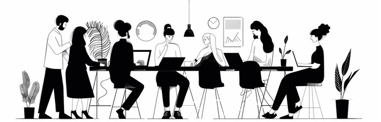illustrated group of people working at the table in open office