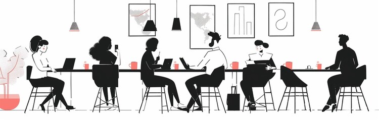 illustrated group of people working at the table in open office
