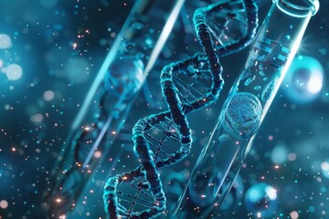 Abstract DNA structure on a blurred background with bright elements, Deoxyribonucleic acid macromolecule - obrazy, fototapety, plakaty