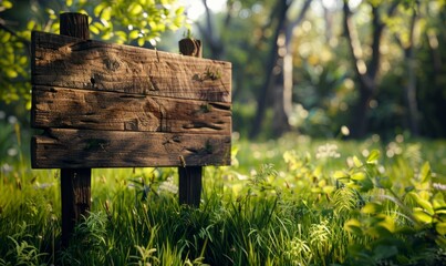 Wooden signboard on green grass in spring forest background with copy space Generative AI