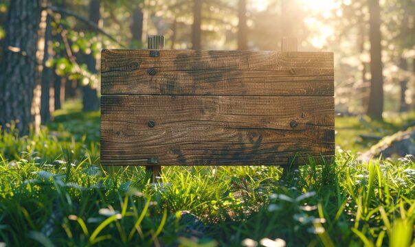 Wooden sign on green grass in forest background, copy space for text, banner design Generative AI