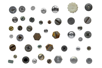 Assorted screws, nails and bolts collection top view. Overhead view of various screws and bolt heads isolated on a transparent background. - obrazy, fototapety, plakaty