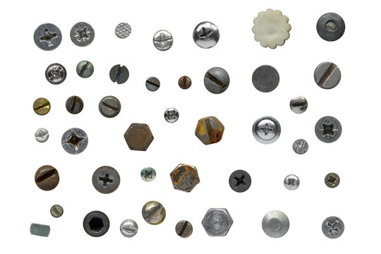 Assorted screws, nails and bolts collection top view. Overhead view of various screws and bolt heads isolated on a transparent background.