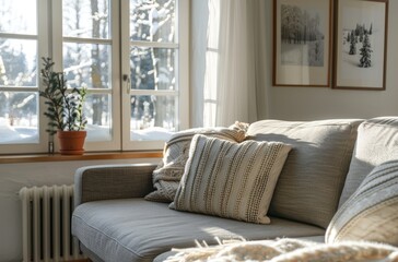 Minimalist living room interior with a sofa and window, white walls, wooden floor and a grey fabric couch, a winter landscape outside the window