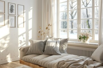 Minimalist living room interior with a sofa and window, white walls, wooden floor and a grey fabric couch, a winter landscape outside the window