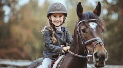 Fototapeta premium Young Girl Riding Horse With Helmet