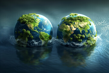 Two Earth Globes Floating in Water - obrazy, fototapety, plakaty