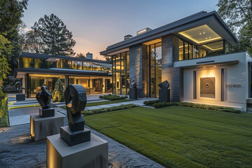 A modern luxury estate with an outdoor modern sculpture gallery in the front yard, bathed in the soft light of the setting sun.
