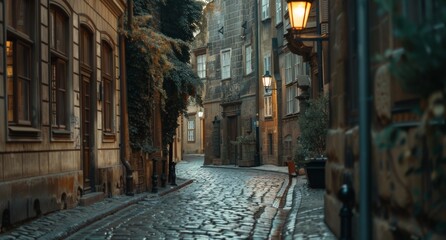 Narrow, cobblestone alleyway in an old city, lined with historic buildings and flickering street...