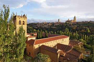 Panoramic view in the historic city of Segovia from the Jerónimos Monastery  at sunset , Spain - 770022714