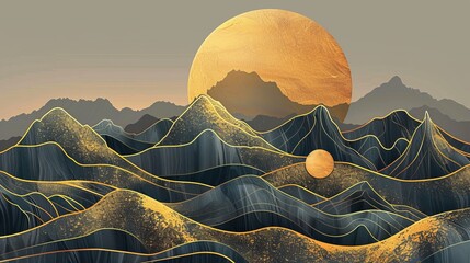 Wallpaper design featuring majestic mountains tinged with golden hues in the landscape