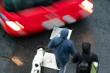 people pedestrian  in dangerous situation in crosswalk in city street by vehicles at high speed - 770022726