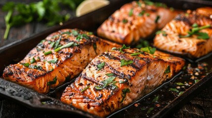 Grilled Salmon Fillets With Herbs in Pan