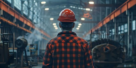 Fototapeta na wymiar An engineer in work clothes and a hard hat supervising construction at a job site in a modern industrial factory. Concept Construction, Engineer, Job Site, Industrial Factory, Supervision