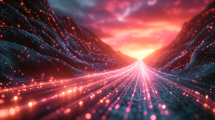 A glowing data stream with red and pink lights, representing the flow of information in digital technology.  Futuristic technology concept.