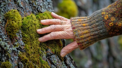 Hand Resting on Moss Covered Tree