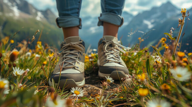 Close-up of slender legs of tourist man in sneakers, traveler strolling through clearing with colorful wildflowers. There is mountain landscape in background. Sunny weather. Concept of hiking.
