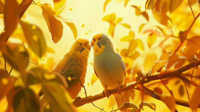 Two parrotlets sharing a moment of tenderness on a sunny yellow backdrop.