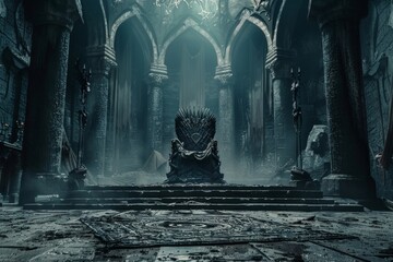 Gothic castle illustration, big hall interior with empty dark throne - obrazy, fototapety, plakaty