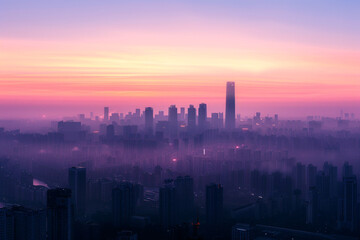 Fototapeta na wymiar A pre-dawn skyline against a lightening sky, highlighting the evolution of city living. /