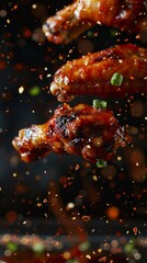 Fried juicy chicken wings, delicious juicy chicken wings with spices and sauce close-up
