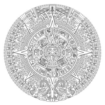 Aztec Sun Stone. At the center of the disc appears the glyph called movement with the face of solar deity Tonatiuh, surrounded by the 20 day signs. At the top 13-Reed, the year of the Fifth Sun, 1479.