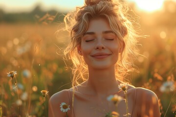 Backlit portrait captures serene woman, eyes closed, savoring a blissful, tranquil moment in sunset-lit fields
