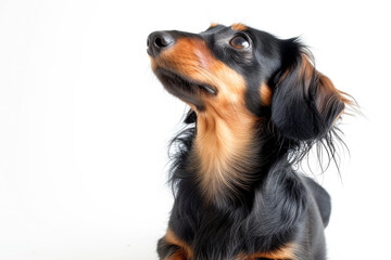 A long-haired Dachshund looks up with curiosity, its shiny coat and floppy ears adding to its charming appearance. - obrazy, fototapety, plakaty