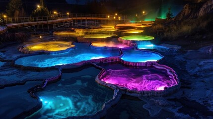 A series of natural hot springs that glow with different colors at night - obrazy, fototapety, plakaty