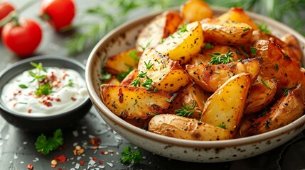 Crisp potato wedges served alongside sour cream dip infused with aromatic herbs for ultimate indulgence - obrazy, fototapety, plakaty