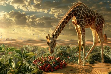 Giraffe in the savannah eating juicy fruits - obrazy, fototapety, plakaty