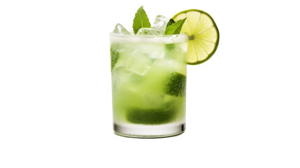 A glass filled with a vibrant green drink and adorned with a slice of lime