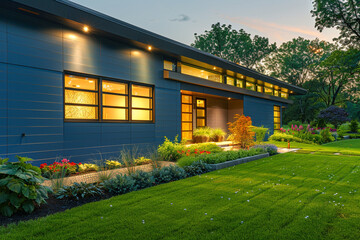 Fototapeta na wymiar A sleek modern home at dawn, soft glow on blue siding, dew-kissed green grass, vibrant flower beds, capturing tranquil atmosphere in high definition.