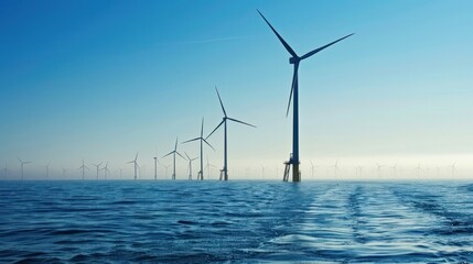 Fototapeta premium A wind turbine farm at sea, harnessing the power of the wind