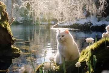 White cat sitting on the shore of a forest lake