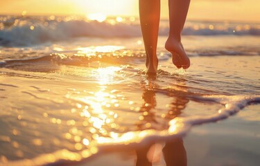 Close up of a woman's feet walking on the beach at sunset, a beautiful seascape with waves and golden light in the style of a summer vacation concept. Low angle feet view at beach