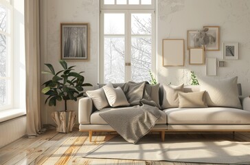 Interior with a window and wooden floor, white walls, a grey sofa, photo frames on the wall, winter outside the window