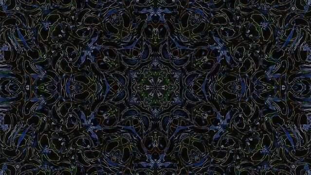 Kaleidoscope pattern with full colors. Magic mandala. 4k 3D Animated digital abstract. Colorful curved and circular lines on black background, seamless loop