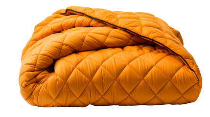 A vibrant orange quilted bag with a zipper on a textured background