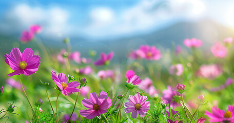 Obraz na płótnie Canvas Meadow of Dreams: Vibrant Cosmos Flowers with Mountain Backdrop - Blissful Floral Landscape for Peaceful Wall Decor
