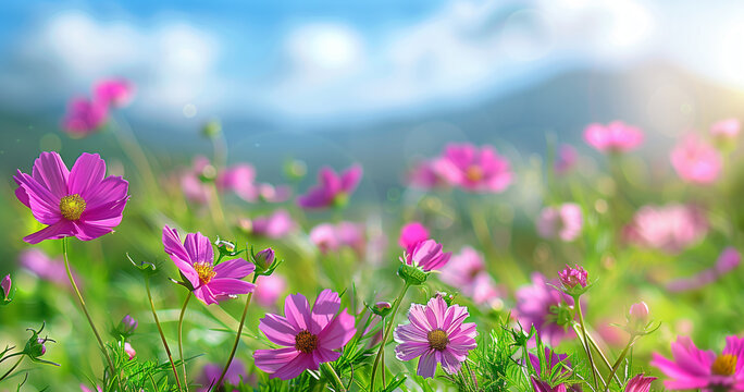 Meadow of Dreams: Vibrant Cosmos Flowers with Mountain Backdrop - Blissful Floral Landscape for Peaceful Wall Decor
