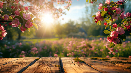 Naklejka na ściany i meble Blossoming Spring: Cherry Blossoms Over Wooden Planks - Radiant Dawn in a Blooming Orchard for Inspirational Decor