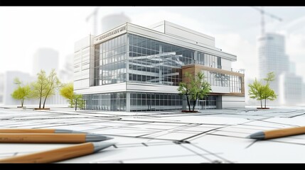 An architectural drawing of an impressive commercial building, depicted on white paper, intended as a concept for a T-shirt design - obrazy, fototapety, plakaty